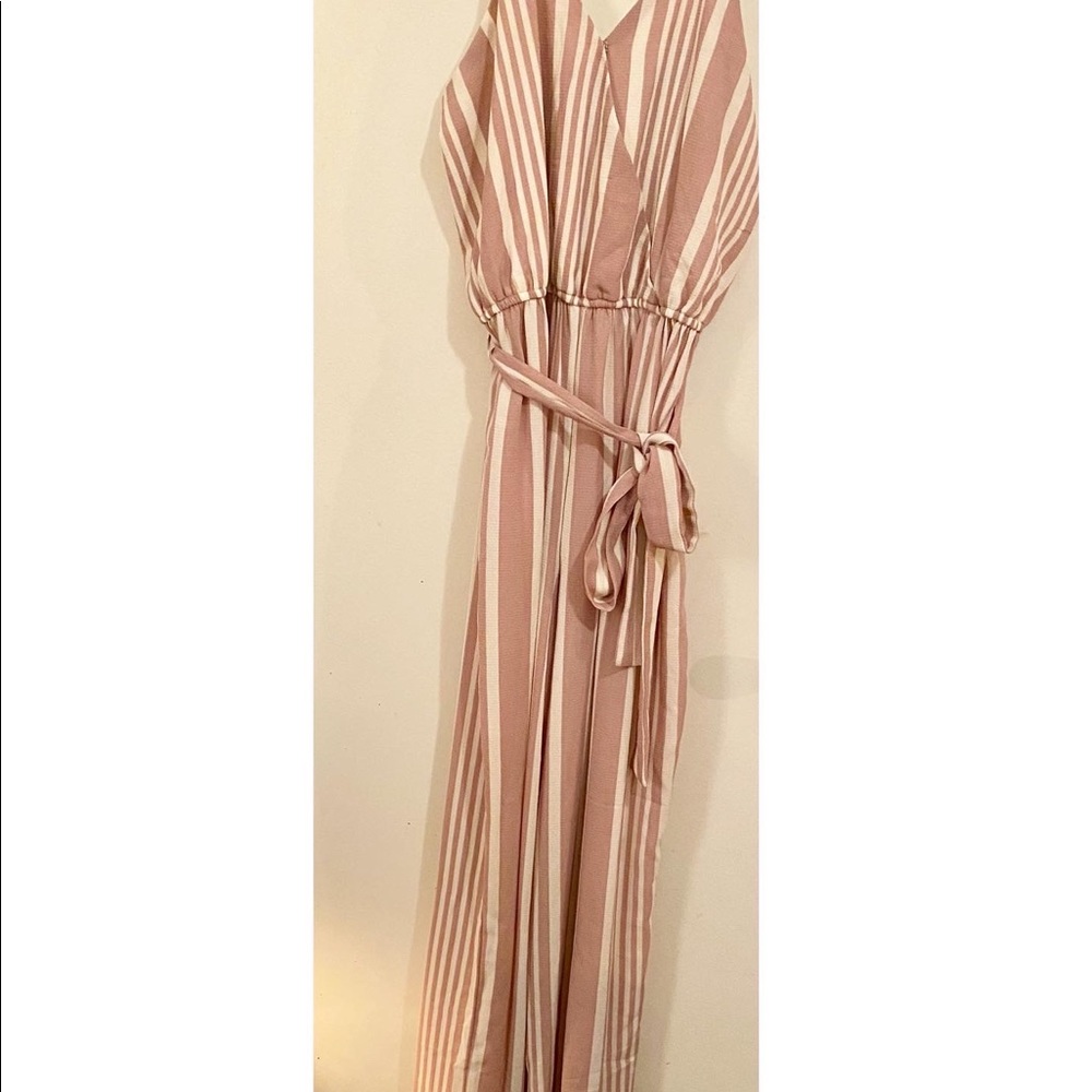 light pink & white striped jumpsuit w/ front tie. Size: Large